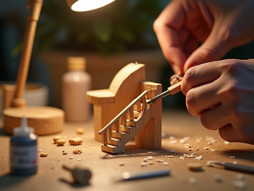 Hands using tweezers to assemble a tiny wooden staircase inside an advanced miniature house kit