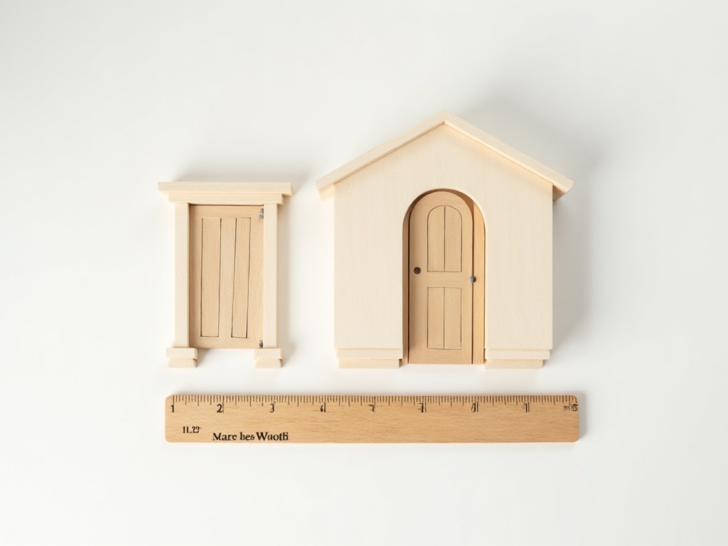 1:12 scale miniature wooden door next to a ruler showing proportional scale ratio