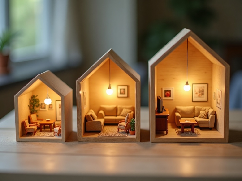 Three miniature house room boxes at 1:12, 1:24, and 1:48 scale displayed side by side to show size differences