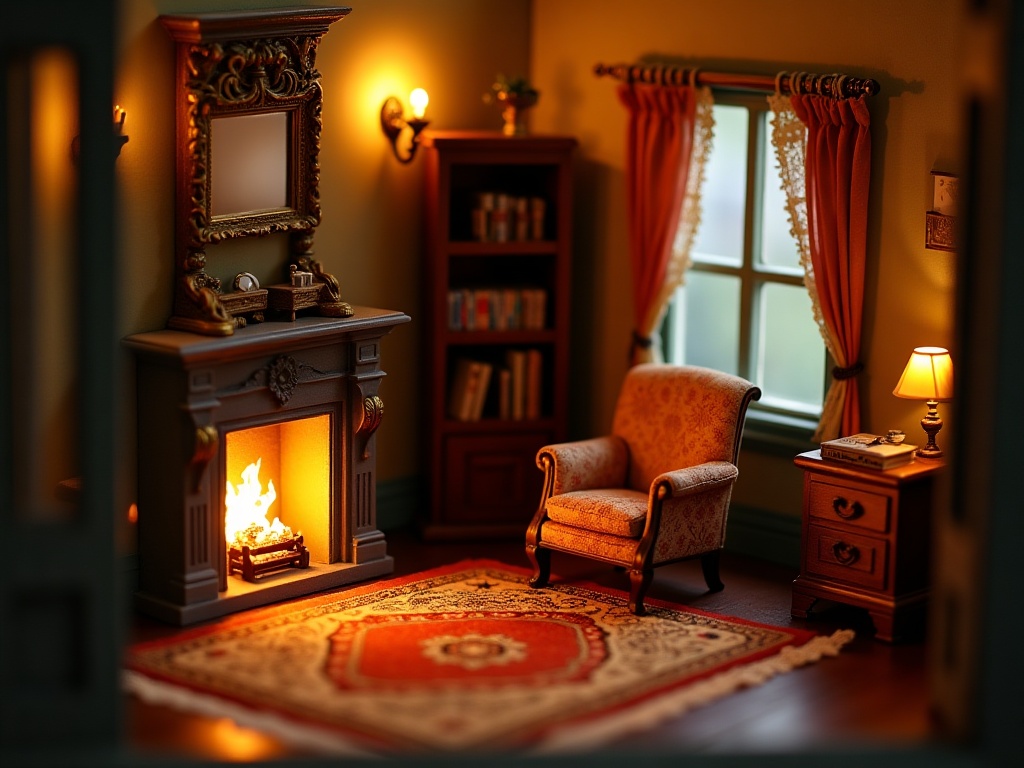 1:12 scale Victorian miniature house interior diorama with lit fireplace, armchair, and bookshelves