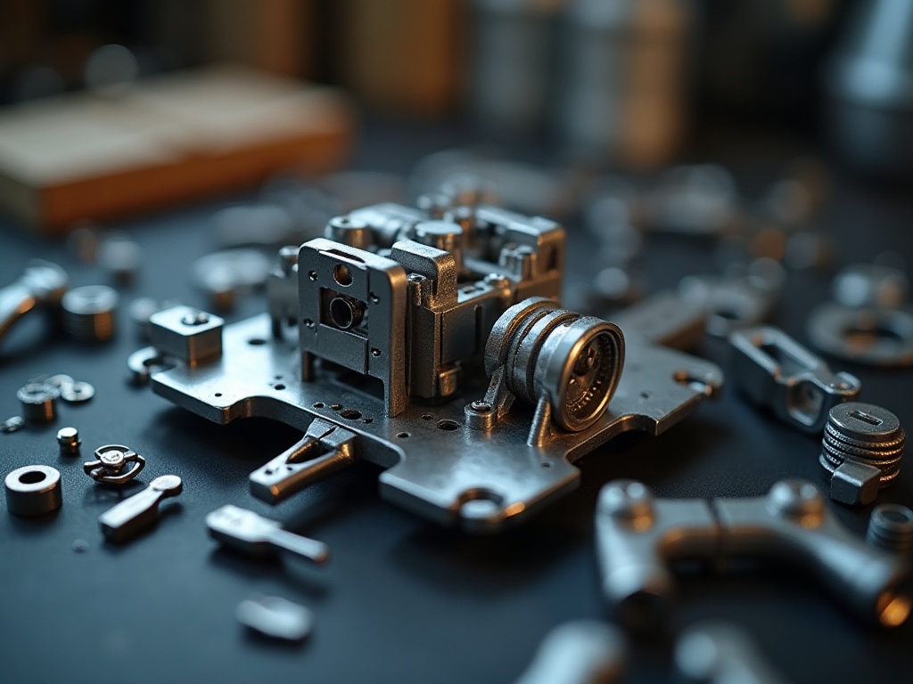 Interlocking stainless steel parts of an adult metal model kit partially assembled