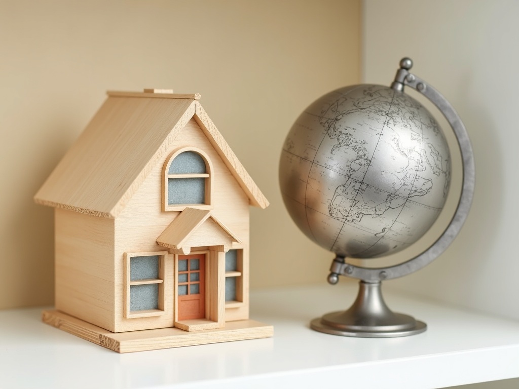 Finished wooden miniature house and metal mechanical globe model displayed side by side on a shelf