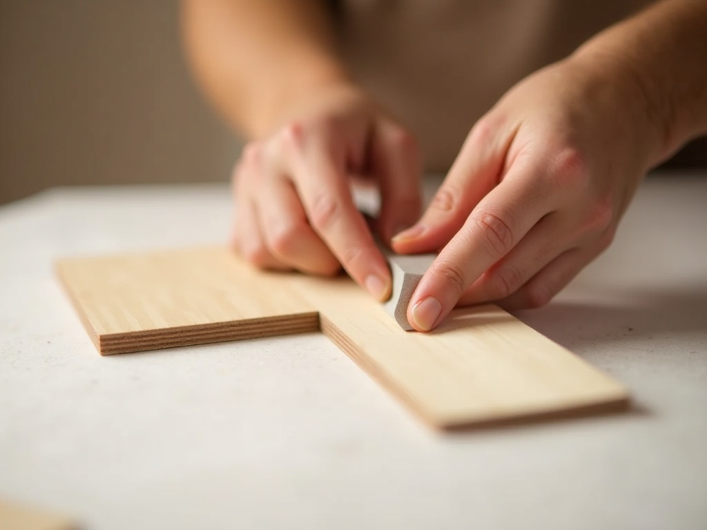 Crafter sanding a laser-cut wooden miniature kit panel to prepare it for painting
