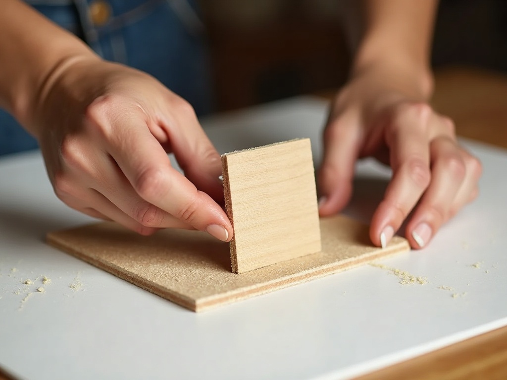 Crafter sanding a laser-cut wooden miniature kit panel to prepare it for painting