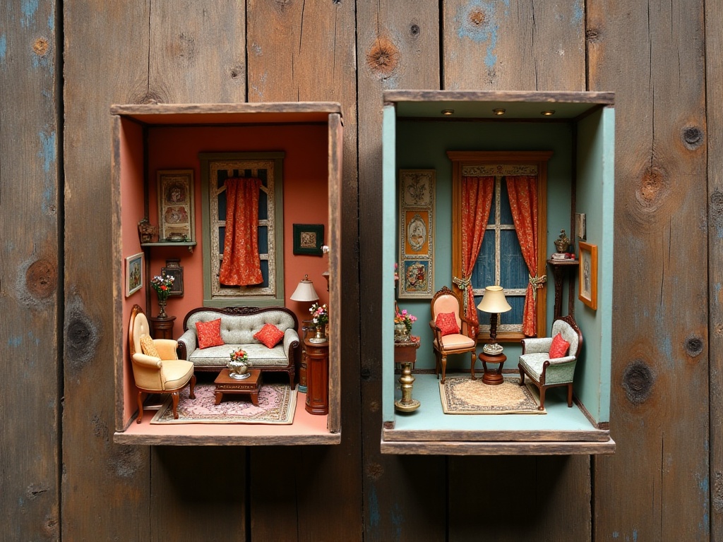 Finished wooden miniature room box and painted plastic miniature kit displayed side by side