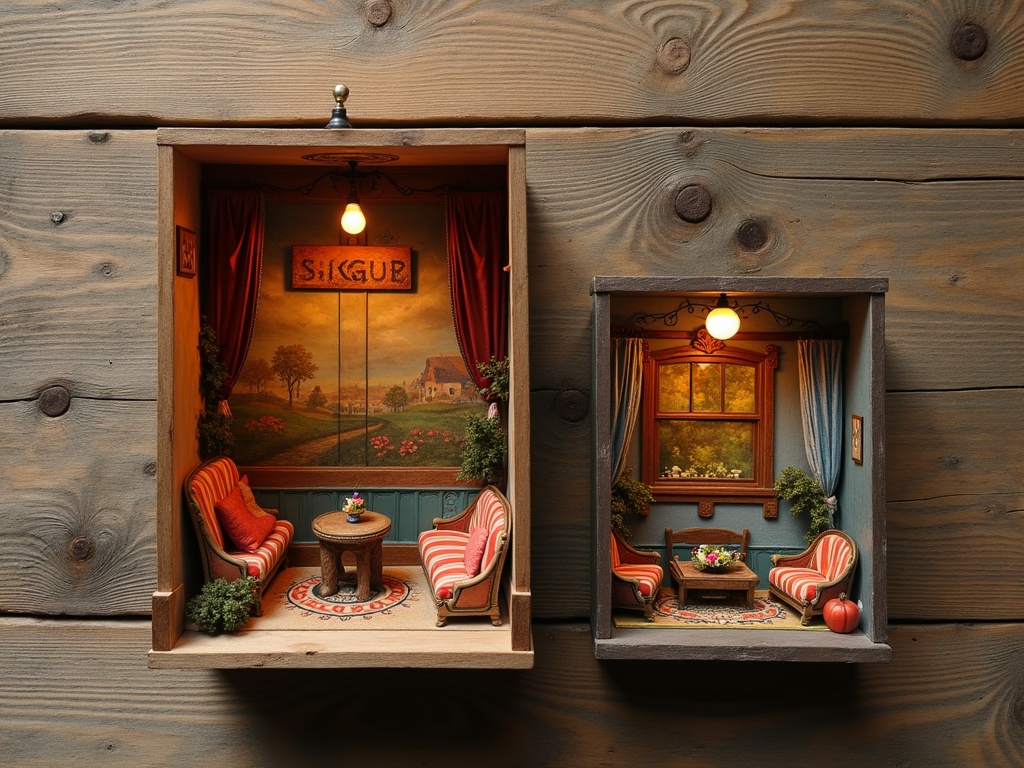 Finished wooden miniature room box and painted plastic miniature kit displayed side by side
