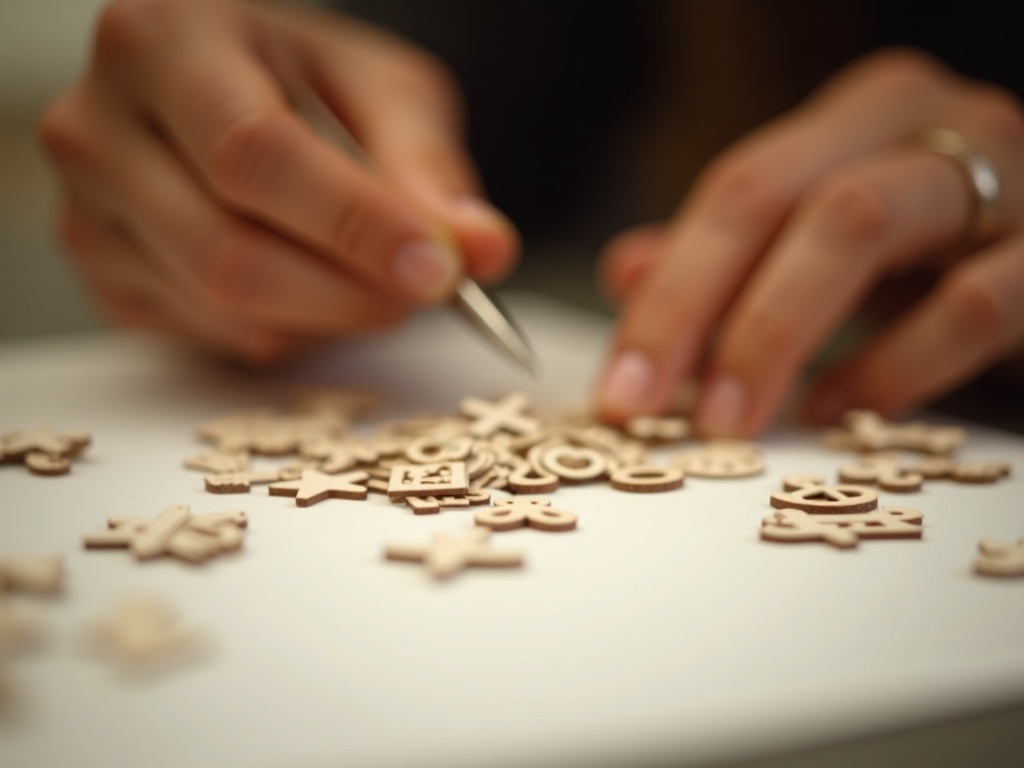 Crafter sorting small wooden pieces from a book nook kit before assembly