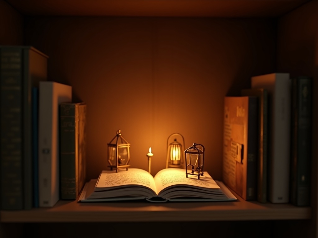 Finished beginner book nook kit glowing between books on a wooden shelf