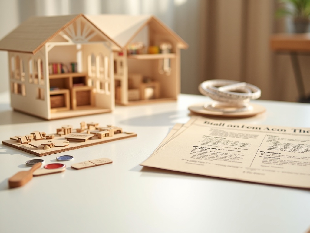 Book nook kit contents laid out including wood pieces, LED lights, miniature furniture and paint pots