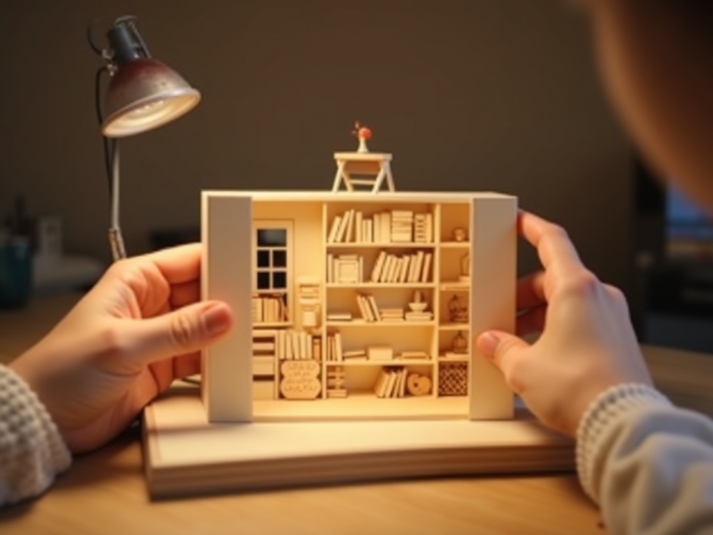 Crafter assembling laser-cut wood pieces for a book nook kit at a well-lit desk