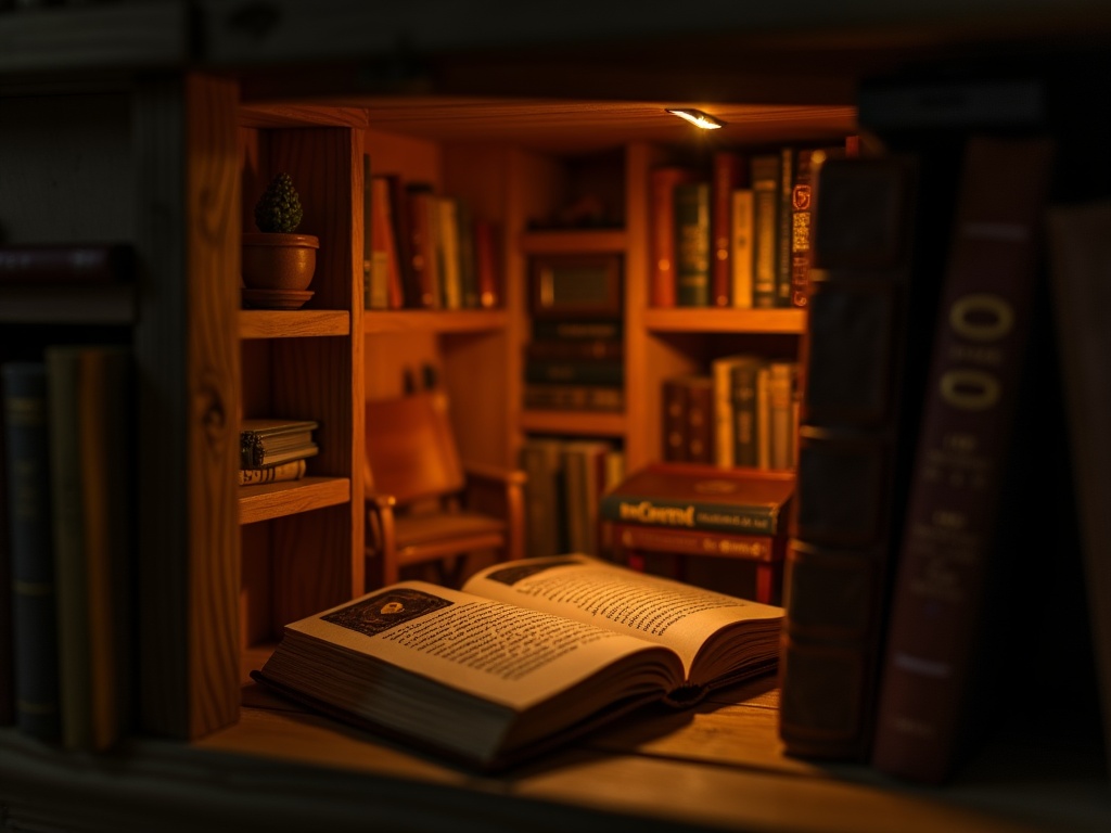 Finished illuminated book nook kit displaying a miniature library scene placed between books on a shelf