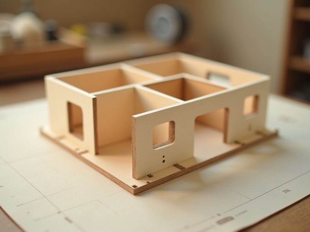 Partially assembled miniature house kit with laser-cut wood panels and washi tape clamps on a cutting mat