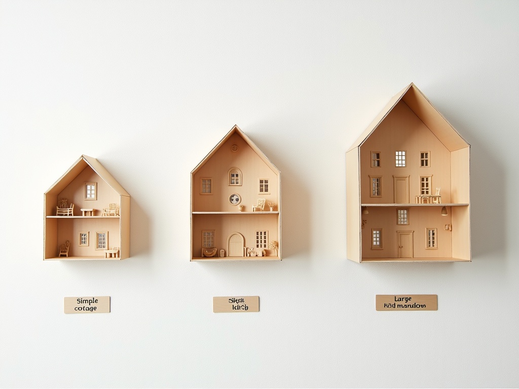 Three miniature house kits displayed side by side showing beginner, intermediate, and advanced difficulty levels