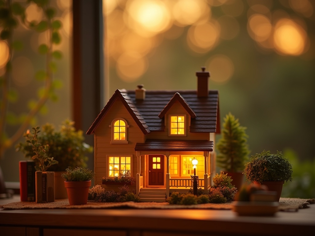 Completed miniature house kit with glowing LED lights displayed on a wooden shelf in a cozy home setting