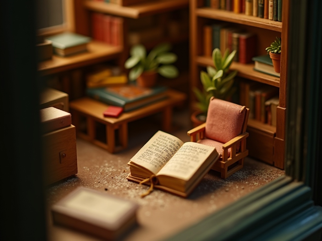 Fine dust settling on the miniature details inside an unprotected book nook