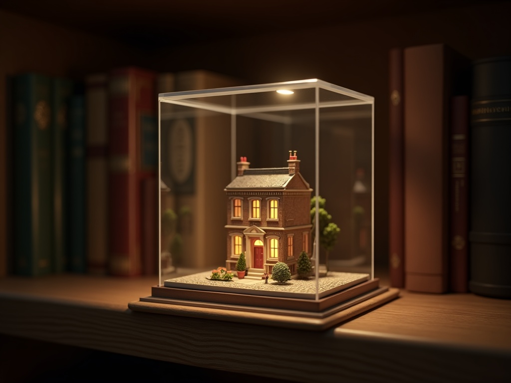 Clear acrylic display box placed over a glowing book nook on a wooden shelf
