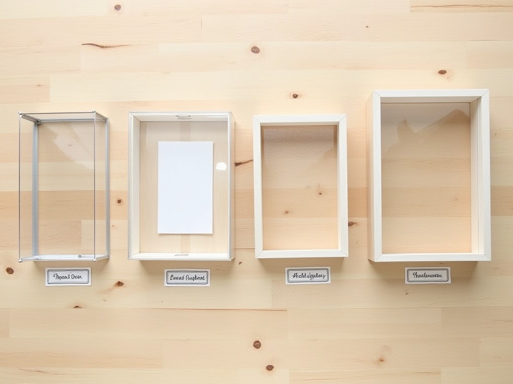 Comparison of book nook dust cover types including acrylic box, glass dome, plexiglass panel, and shadowbox frame