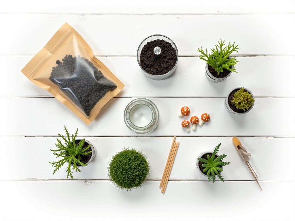 Flat lay of DIY fairy garden under glass dome supplies including moss, tiny plants, charcoal, and tools
