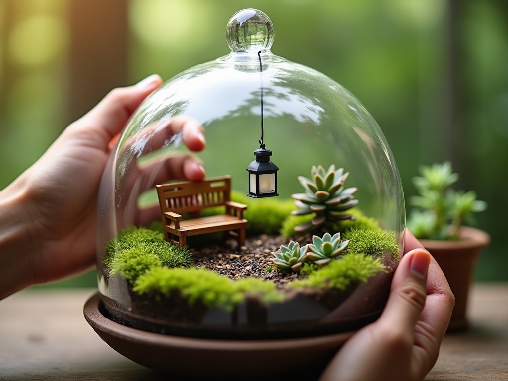 Hands placing miniature furniture inside a DIY fairy garden glass dome terrarium