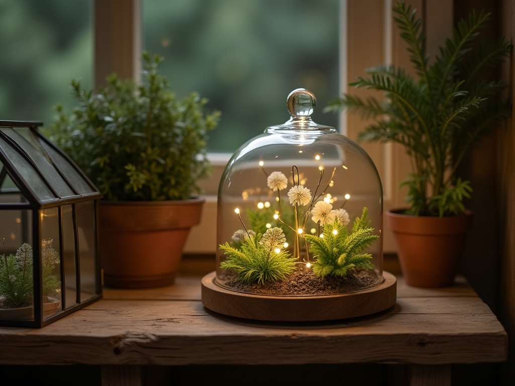 Finished DIY fairy garden under glass dome displayed alongside a miniature greenhouse kit on a wooden shelf