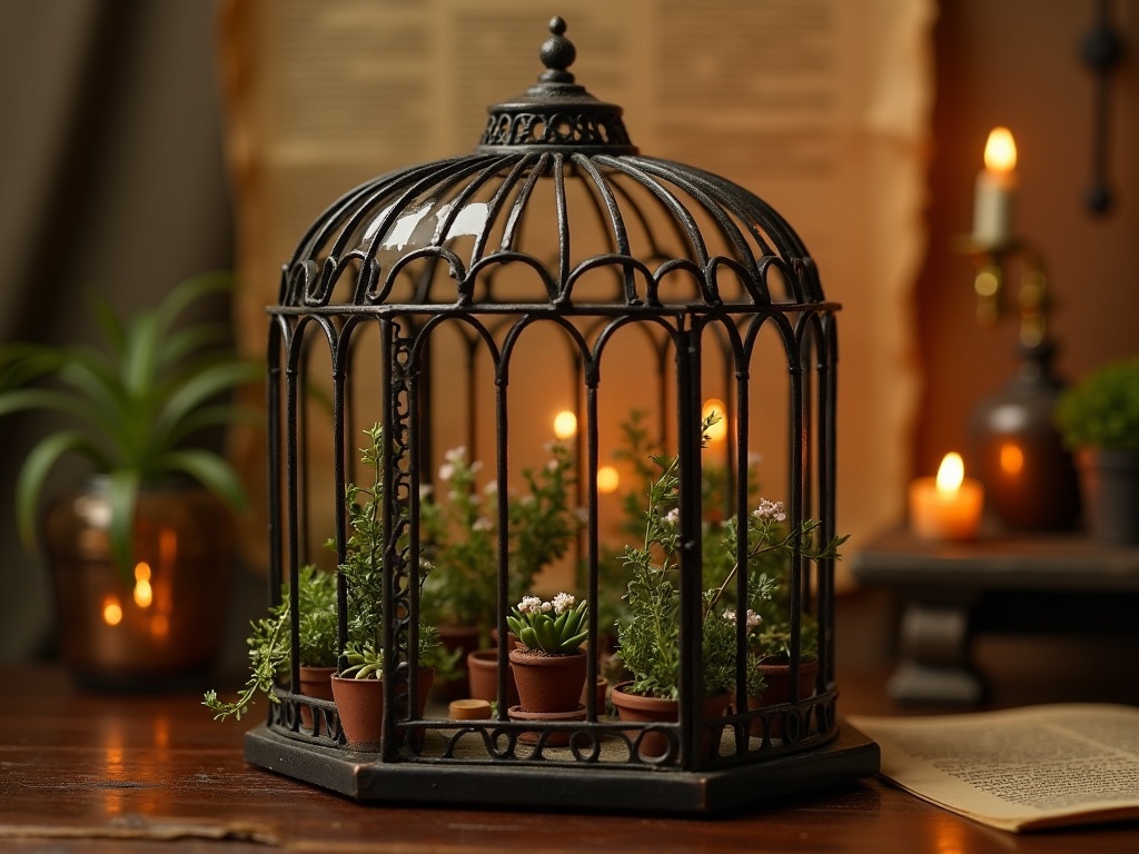 Victorian-style DIY miniature greenhouse kit with Gothic arching frame and tiny botanical plants inside