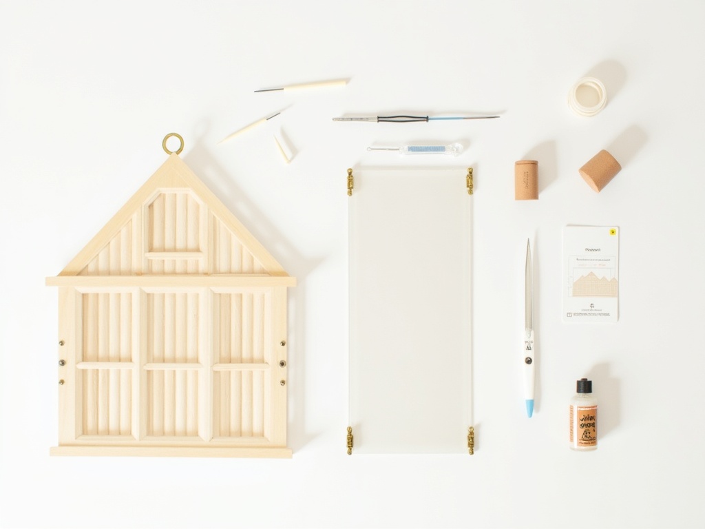 Overhead flat lay of DIY miniature greenhouse kit contents including laser-cut wood panels, acrylic panes, miniature pots, LED strip and instructions