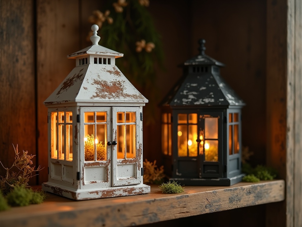 Two finished DIY miniature greenhouse kits with custom paint finishes displayed on a wooden shelf with warm LED glow