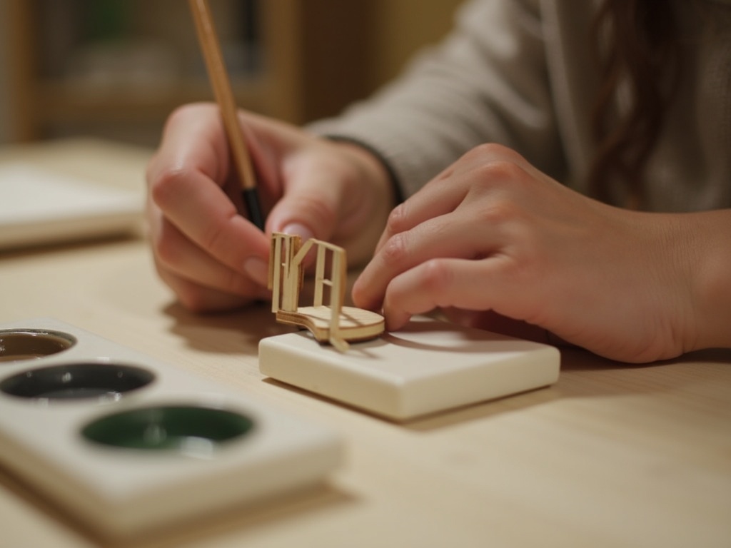 Crafter painting a miniature wooden bookshelf piece with a fine brush and acrylic craft paint for a book nook kit