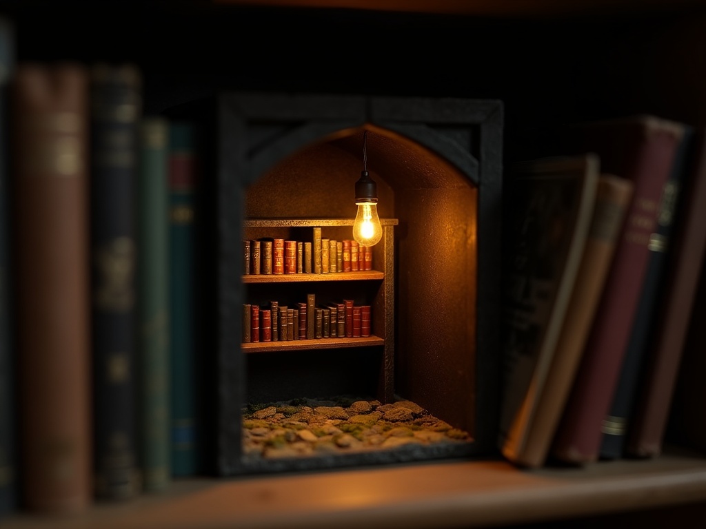 Finished book nook with hand-painted dark charcoal walls and amber LED lighting displayed between books on a wooden shelf