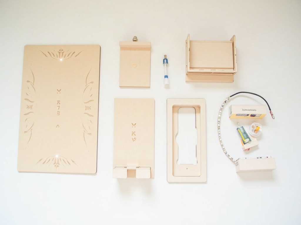 Book nook kit components laid out including LED strip, battery compartment, and wooden panels