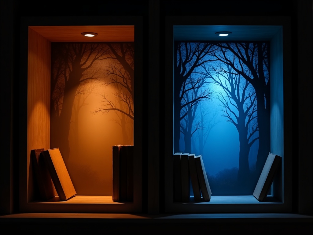 Two book nooks comparing warm amber LED lighting versus cool white LED lighting effects