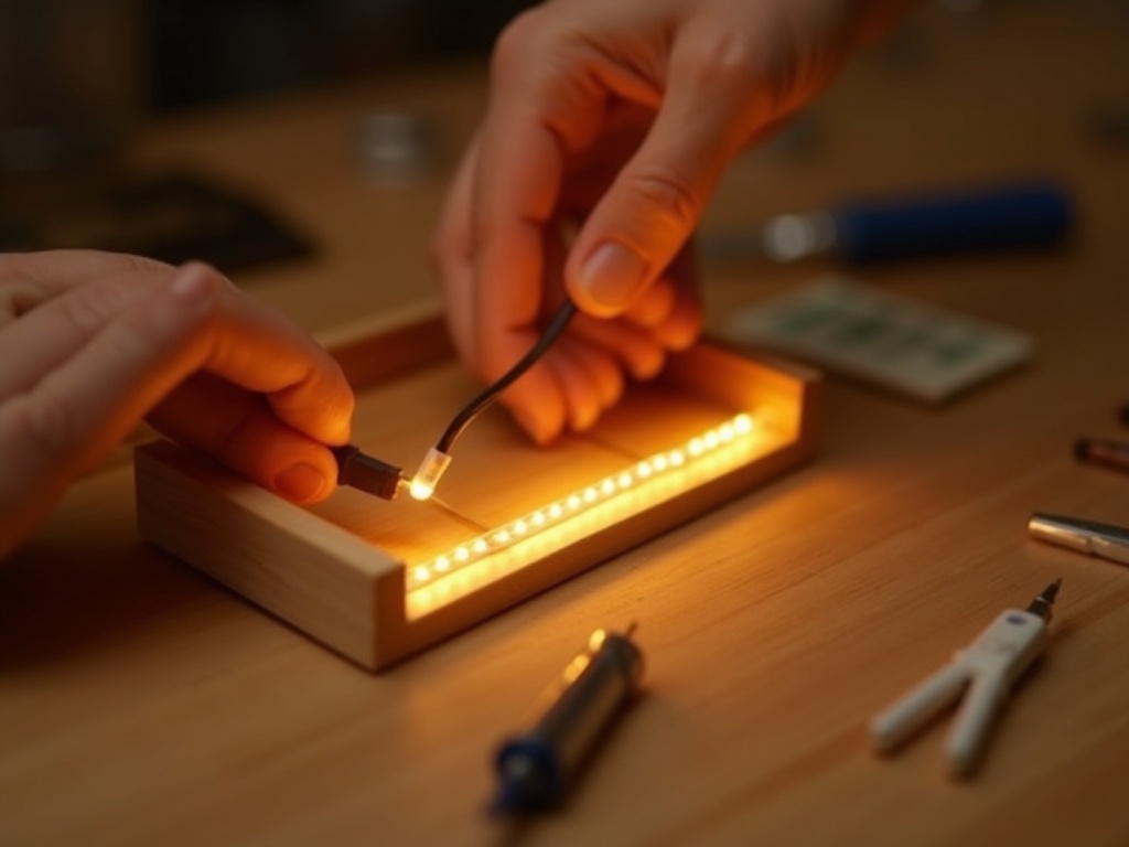 Crafter connecting LED strip wiring inside a book nook kit during the build process