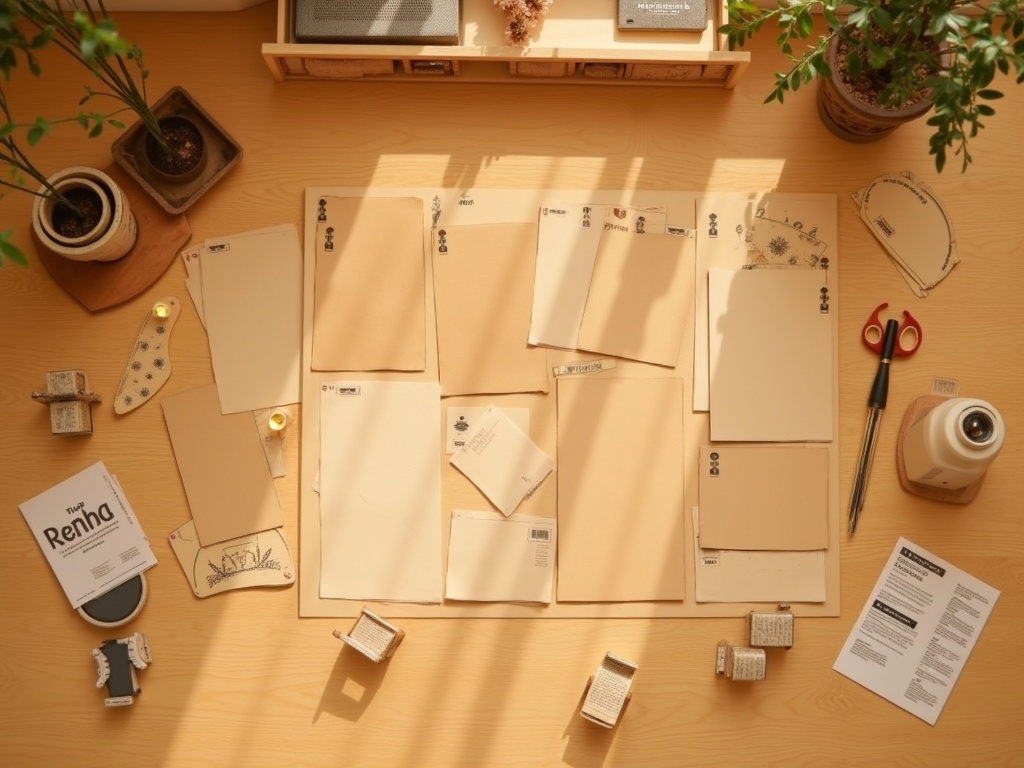 Book nook kit contents spread on a craft table showing wooden panels, paper backdrops, LED lights and miniatures but no glue