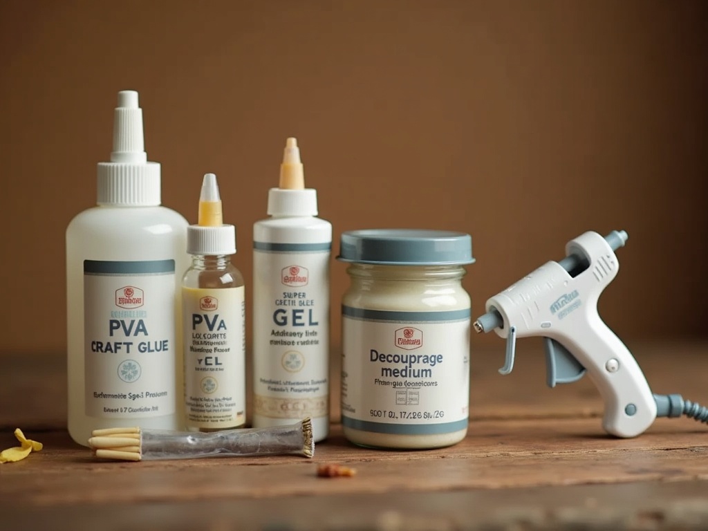 Four types of adhesive for book nook building: PVA glue, super glue gel, decoupage medium, and a mini hot glue gun