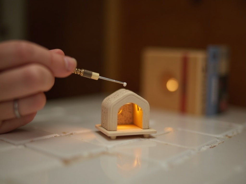 Crafter applying super glue gel precisely to a tiny resin miniature lantern for a book nook build