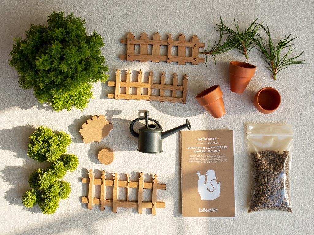 Fairy garden miniature kit components laid out flat including wooden pieces, moss, terracotta pots and instruction booklet