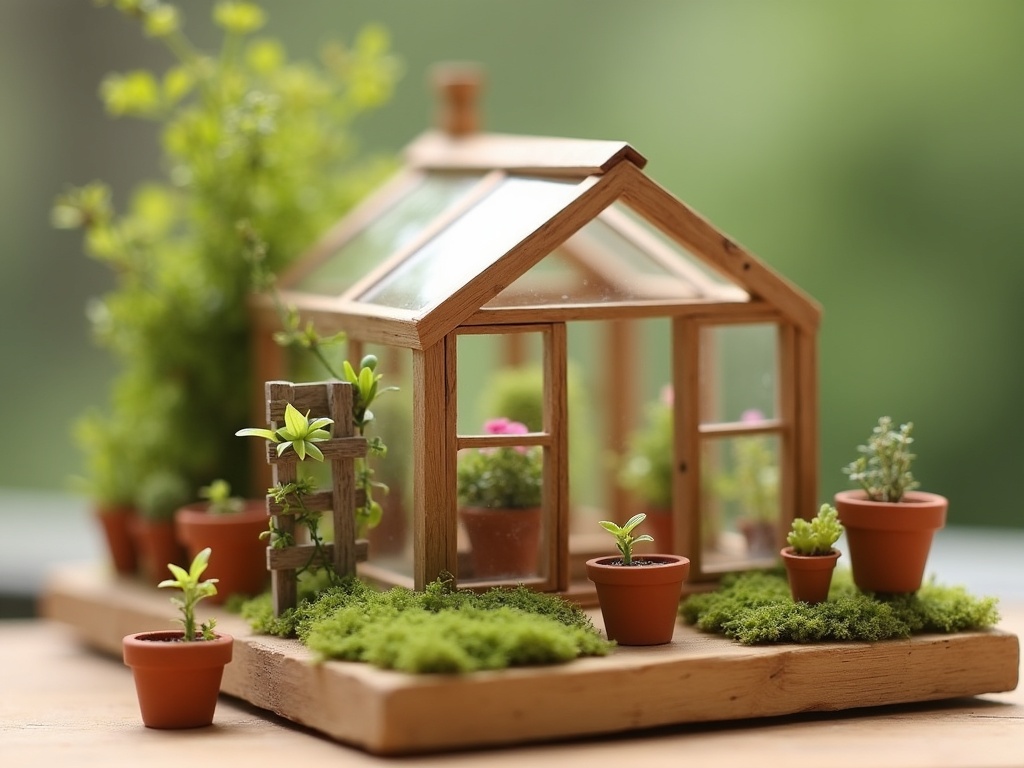 Completed miniature greenhouse kit scene with acrylic glass panels, terracotta pots, moss ground cover and trellis detail on a wood base