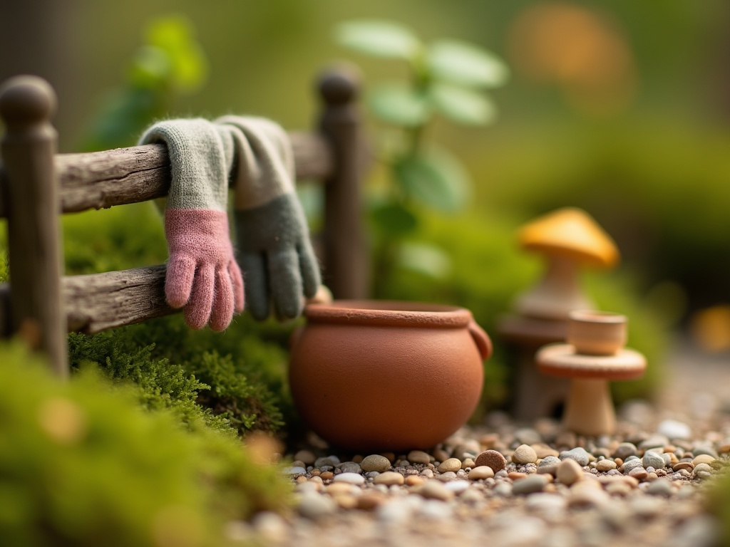 Close-up of fairy garden miniature styling details including tiny gardening gloves on a fence rail, a miniature trowel and a ceramic cup on a mushroom stool
