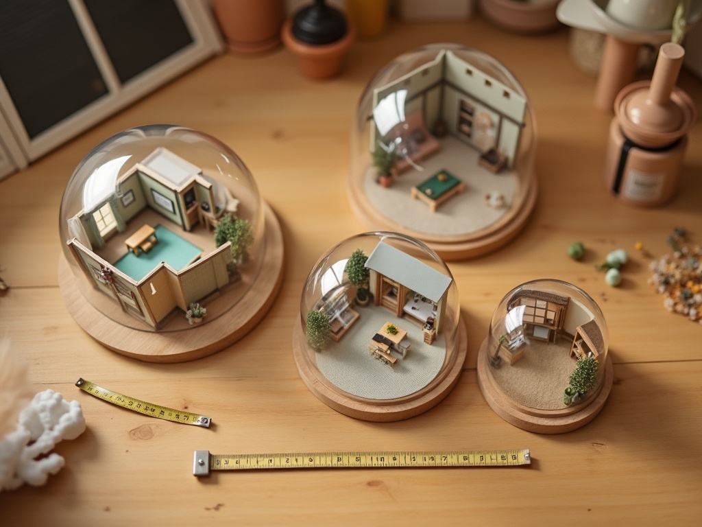 Miniature room scenes at 1:12 and 1:24 scale placed next to correctly sized glass display domes on a wooden workbench with a measuring tape