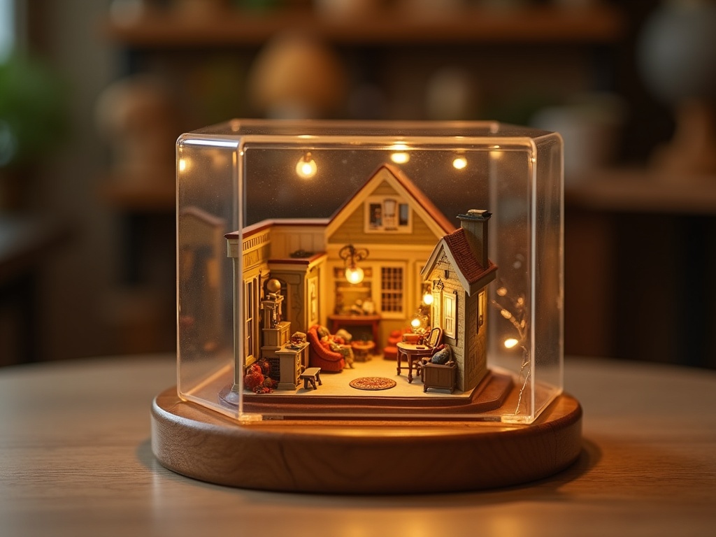 A completed 1:12 scale Victorian miniature room box displayed in a clear acrylic protective display case with LED underlighting on a wooden base