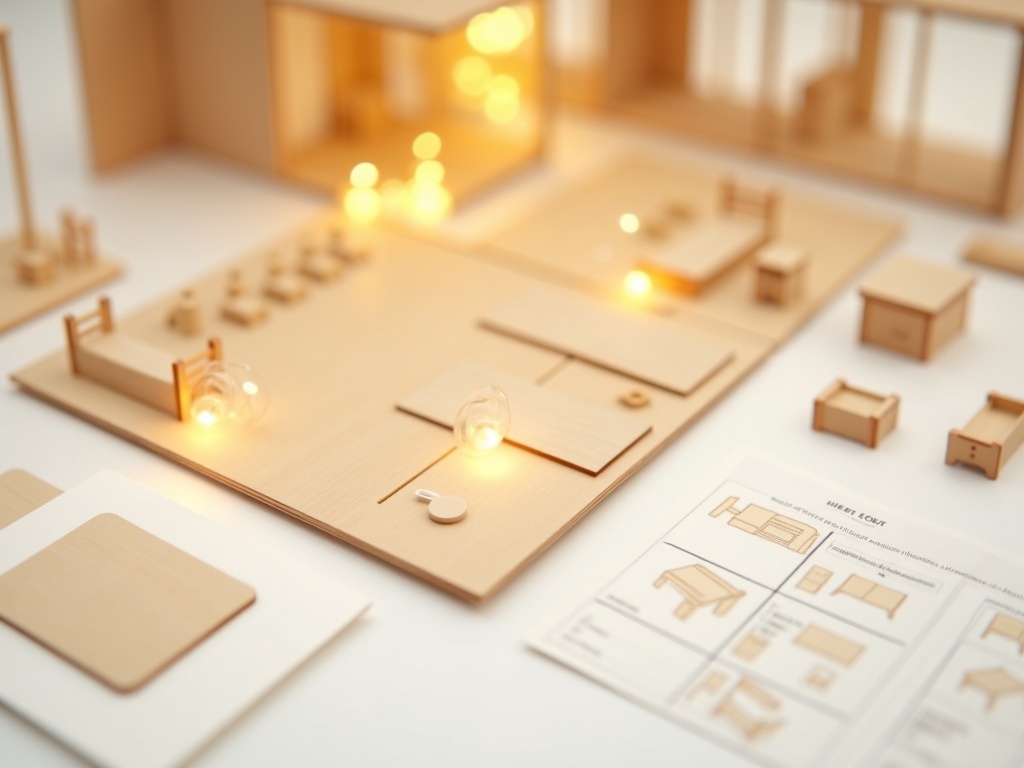 Rolife miniature house kit components including laser-cut wood sheets and tiny furniture pieces