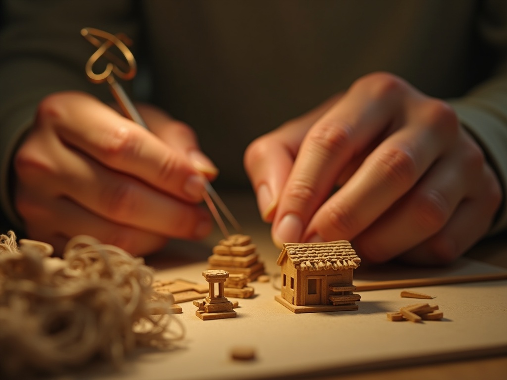 Crafter assembling a DIY wooden miniature kit with tweezers at a craft desk