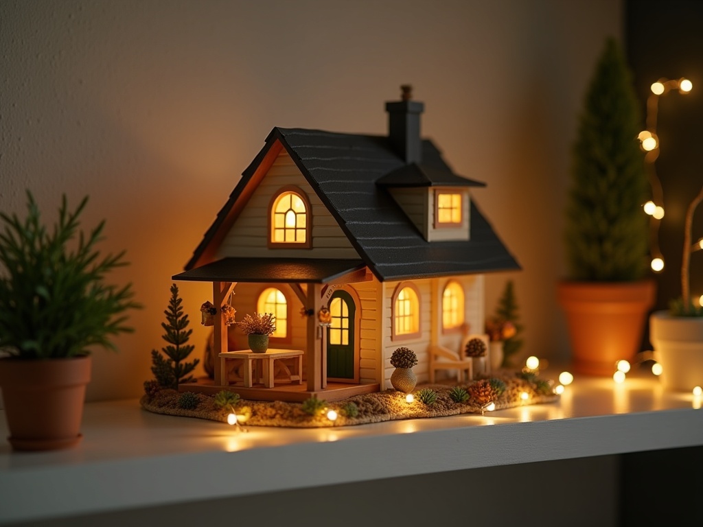Finished Rolife miniature house kit displayed on a home shelf with fairy lights and small plants