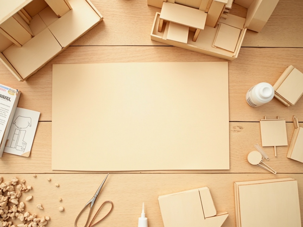 Flat-lay of book nook kit components including laser-cut wood panels, miniature furniture pieces, and glue on a craft table