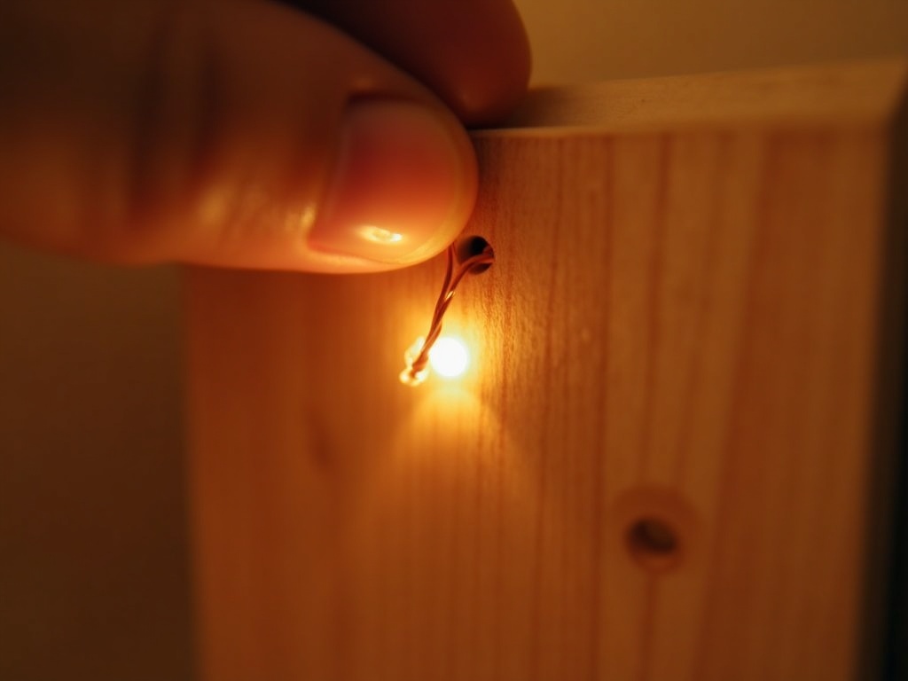 Close-up of hands threading copper LED wire through a miniature wooden book nook wall panel