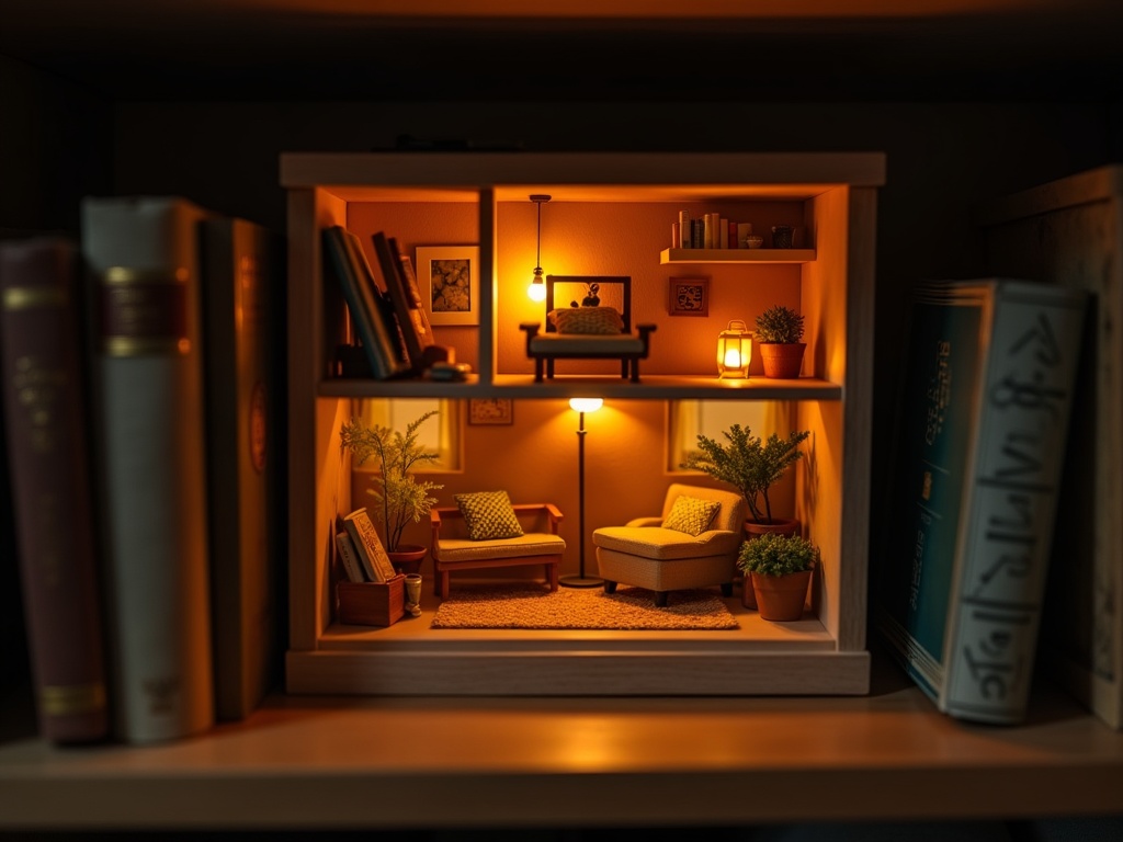 Completed book nook with warm LED lighting displayed between books on a wooden bookshelf