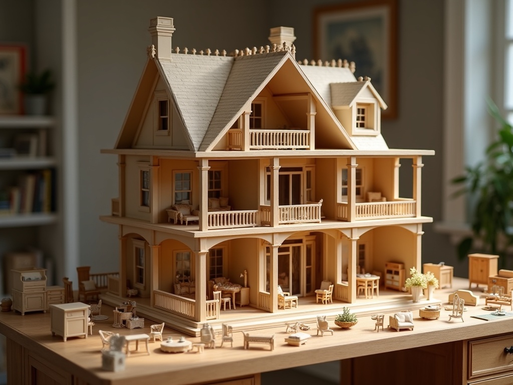 1:12 scale Victorian miniature house kit mid-build with rooms and tiny furniture arranged on a desk