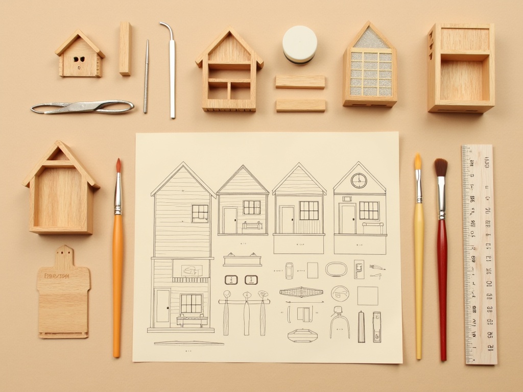 Miniature house kit tools including tweezers, glue applicator, paintbrushes and instructions laid out flat