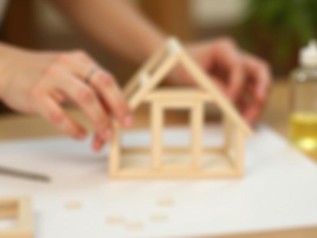 Hands assembling the wooden frame of a miniature greenhouse kit on a craft mat