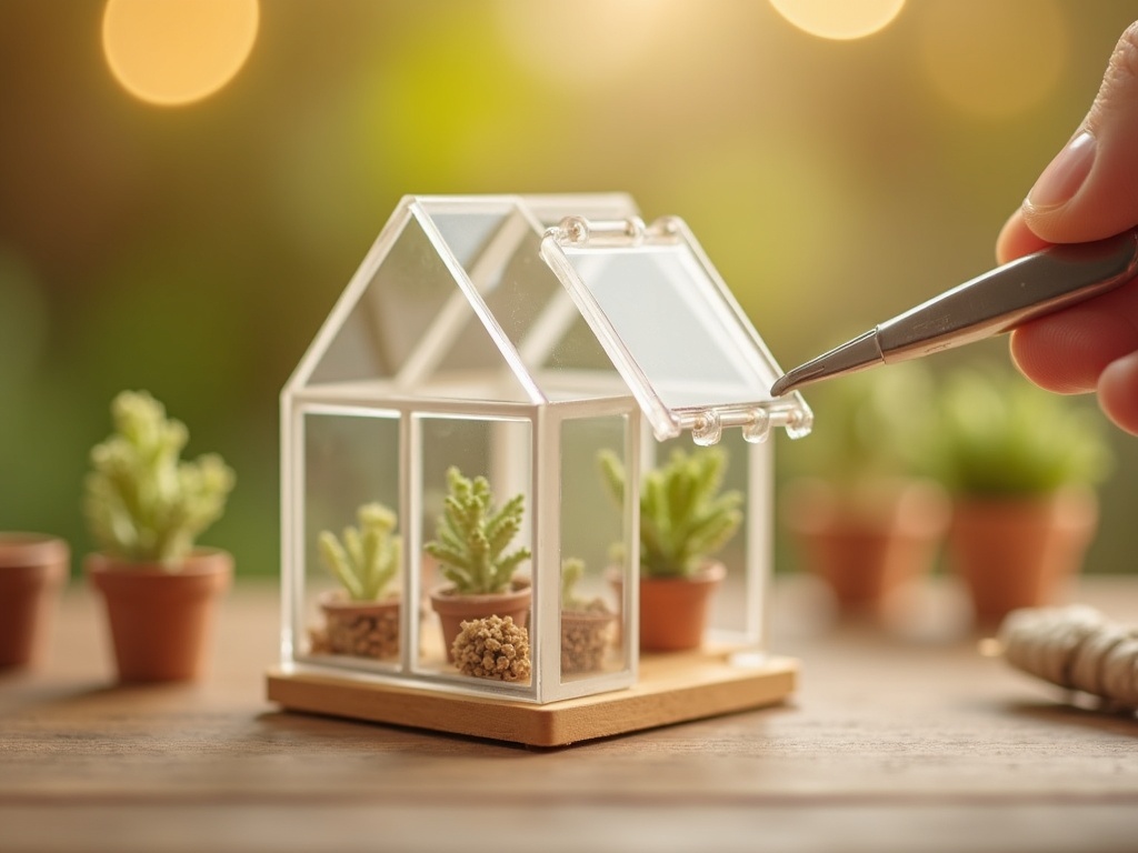 Placing clear acrylic glass panels into a miniature greenhouse kit frame with tweezers